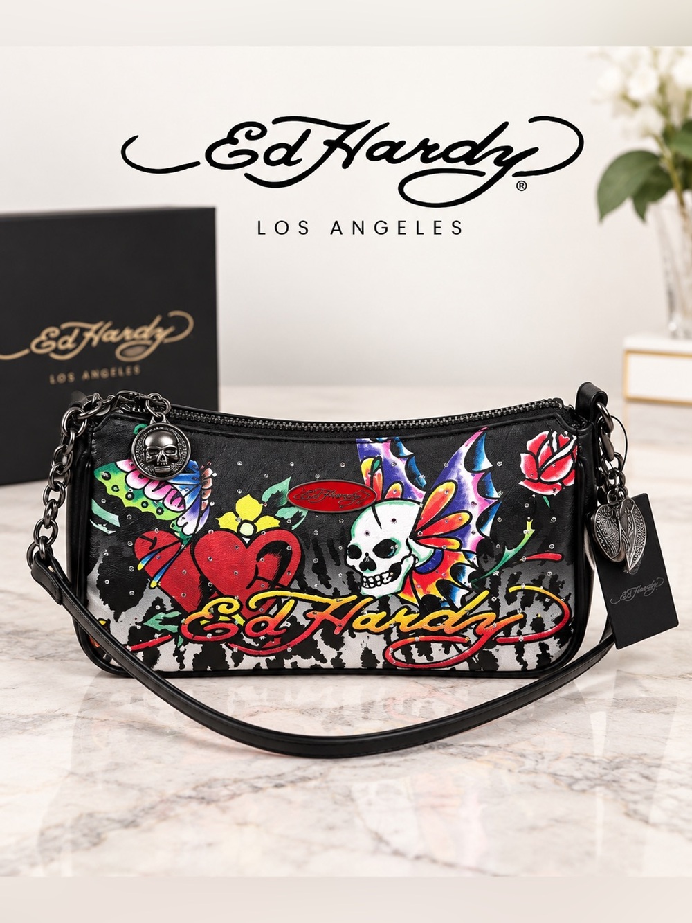 NWT Ed Hardy Black Multicolor Skull Clutch